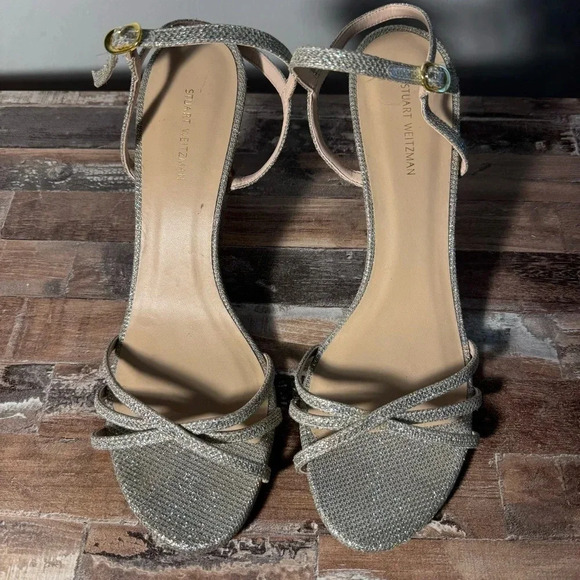 Stuart Weitzman Silver Ankle Buckle Strap Heels Women Size 11 Like New - Picture 1 of 5